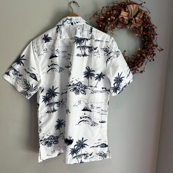 Year IN Year Out Men's Hawaiian Shirt MEDIUM Palmwave White Island Map Floral - Picture 6 of 9